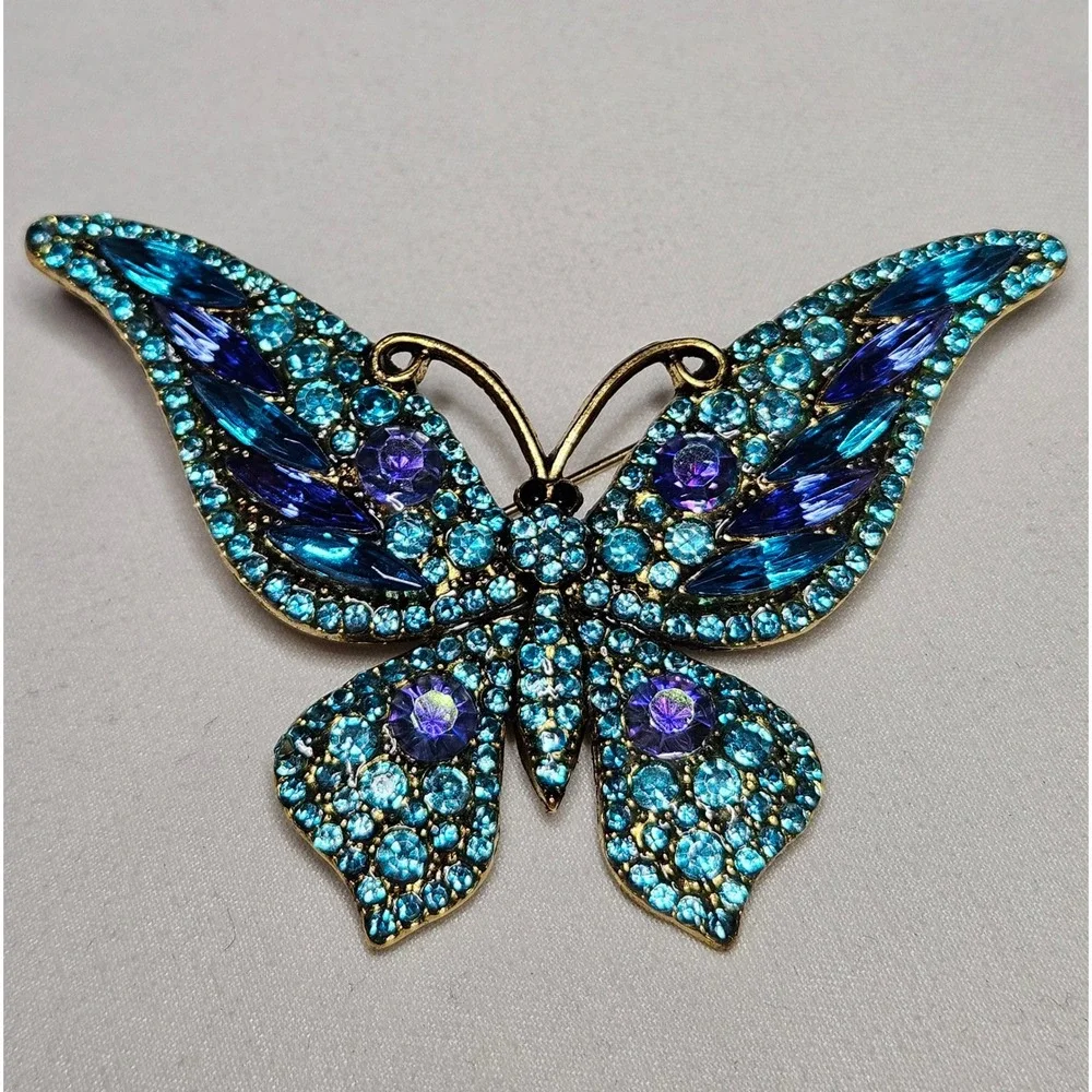 Butterfly Brooch Women OS Blue Teal Rhinestone Antique Gold Tone Pin